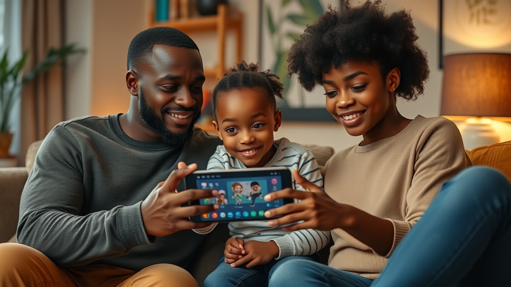 Modern African family interacting with an AI educational app on a mobile device at home