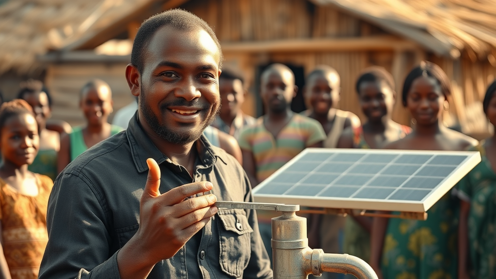 technology innovation Africa trailblazing African entrepreneur with solar-powered water pump, uplifting rural community