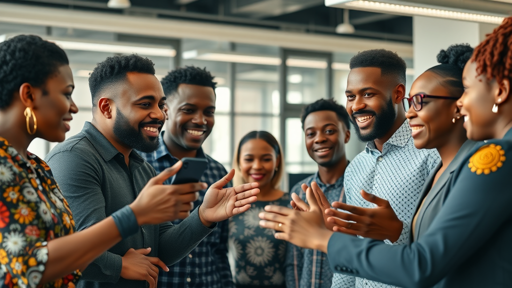 Youth innovation Africa AI - African AI startup team collaborating and brainstorming solutions in a futuristic office
