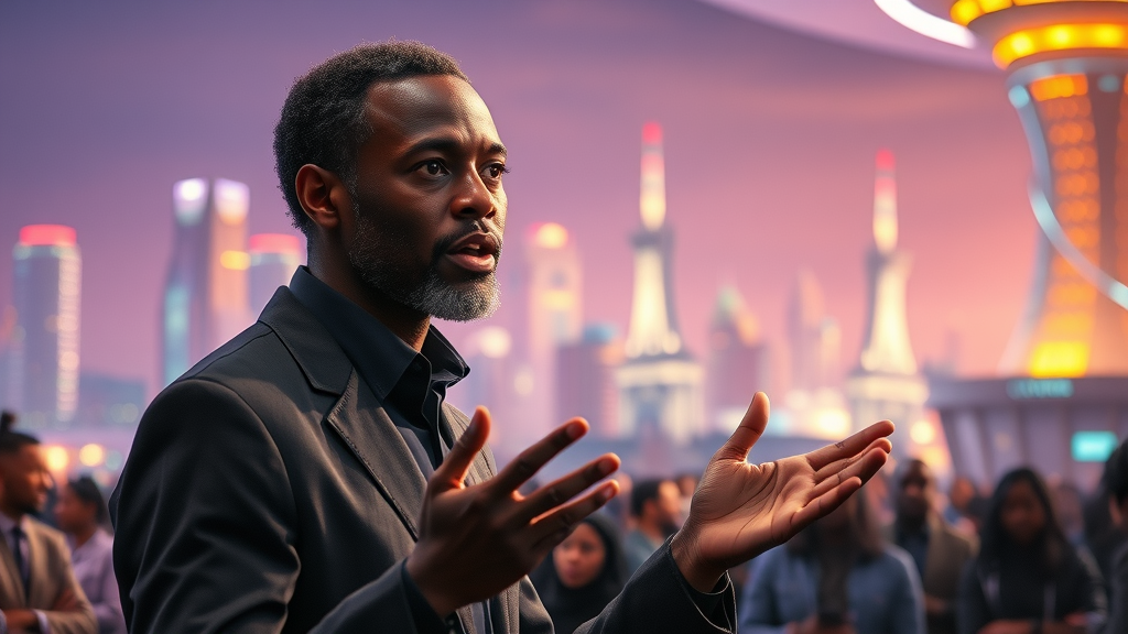 AI research Africa 2025 - visionary African AI researcher discussing the future of artificial intelligence in a futuristic African cityscape