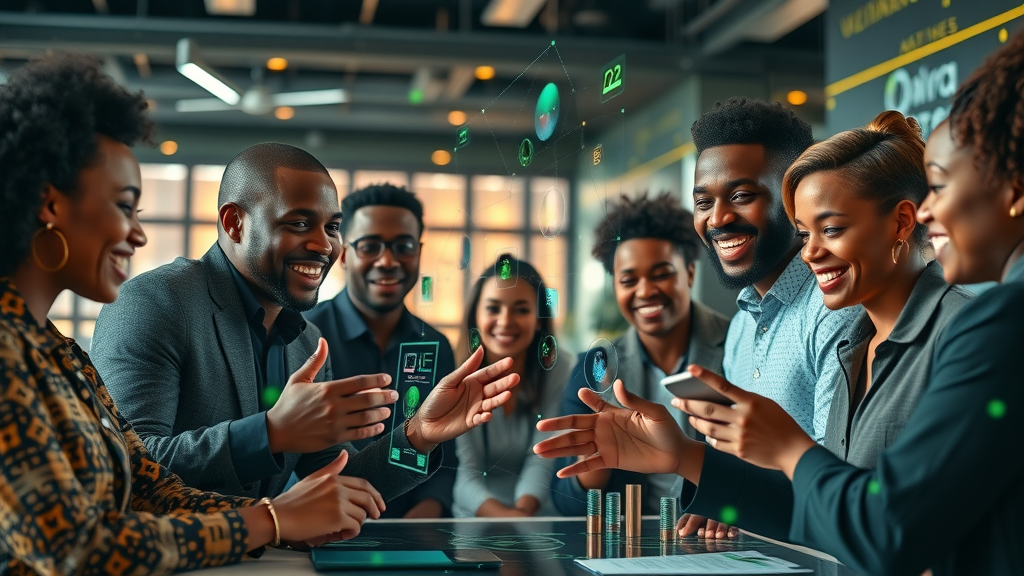 AI impact on African economy: African entrepreneurs brainstorming with futuristic AI interface, high-tech co-working space