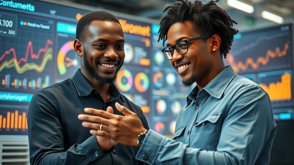 Optimistic African data scientists collaborating on machine learning Africa projects in a high-tech office with data visualizations and digital boards