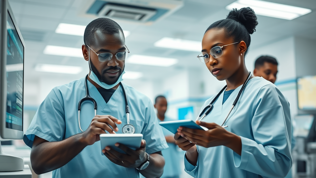 Artificial intelligence in African hospitals - medical staff using AI technology for improved healthcare with multilingual data interfaces