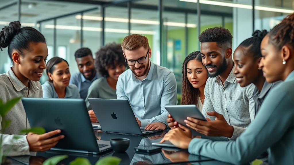 South African AI innovation hub, young professionals collaborating on ai tools and digital skills, public sector and private enterprise