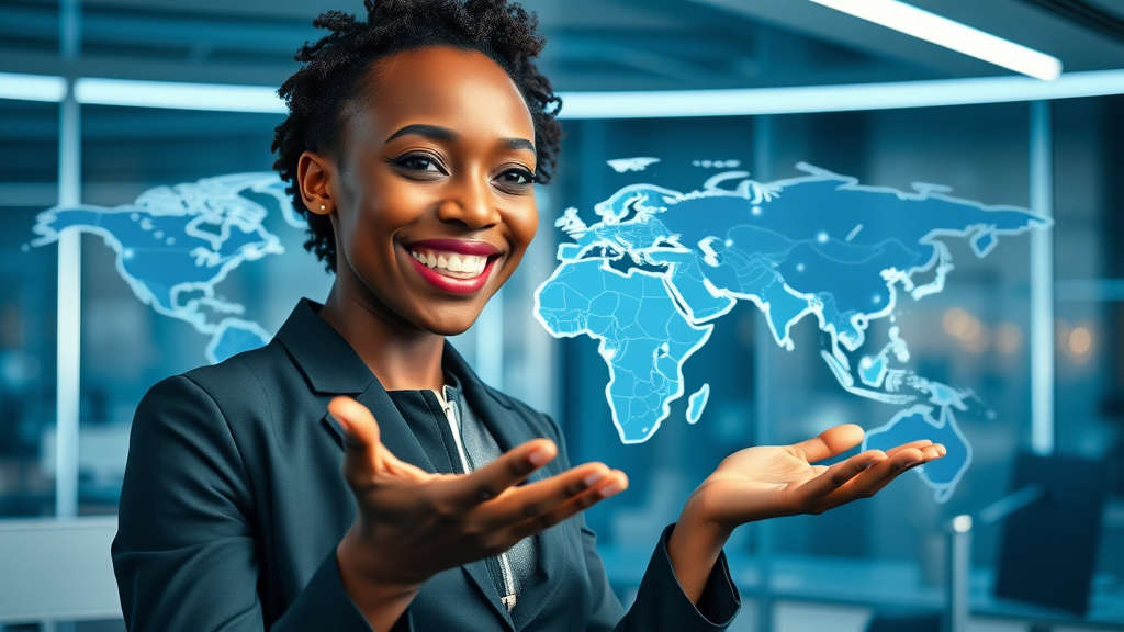 technology innovation Africa confident African female tech leader presenting global digital connections in a futuristic office
