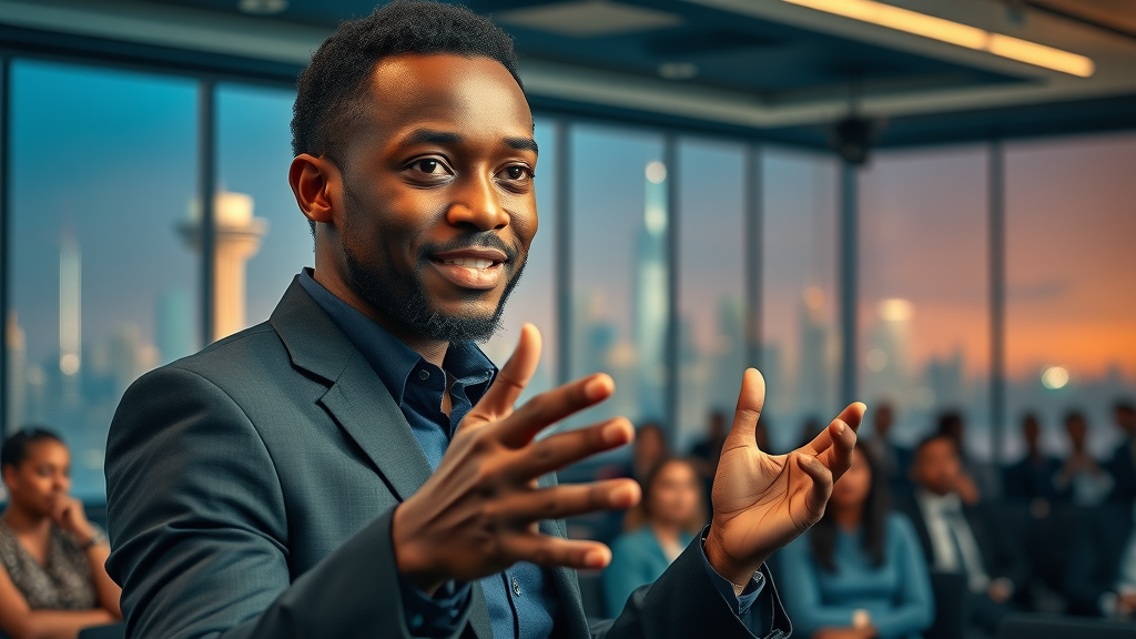 determined African entrepreneur presenting AI app at technology startup event in artificial intelligence Africa