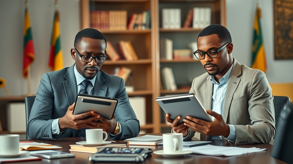 Technology policy Africa: African policymakers reviewing data security frameworks in modern office, tech trend