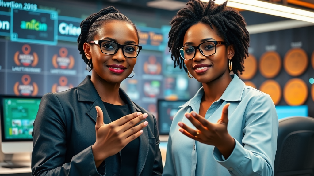 Powerful African women in tech leading gen ai mentorship session, futuristic AI lab, vibrant entrepreneurial scene