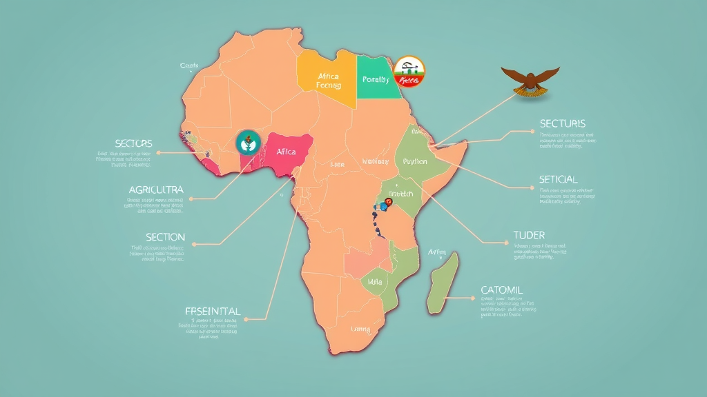 Infographic map of Africa, animated sectors such as agriculture, fintech, healthcare highlighted, AI-driven development, tech overlays, vibrant digital design.