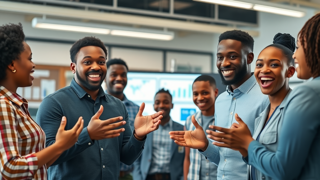 Excited African team presenting big data solutions, advancing machine learning Africa in a modern workspace