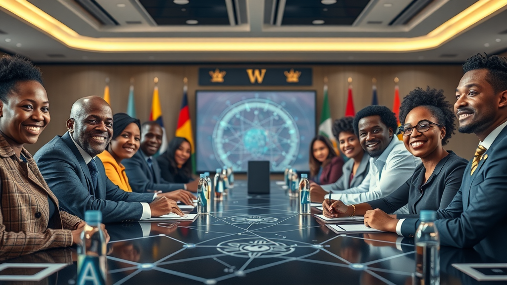 Diverse group of African policymakers and innovators at a conference table surrounded by AI symbols representing future pan-African collaboration in machine learning Africa