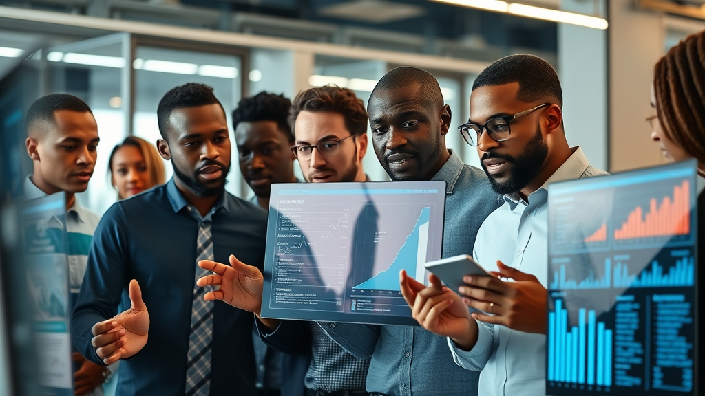 African professionals analyzing AI-driven data for economic growth