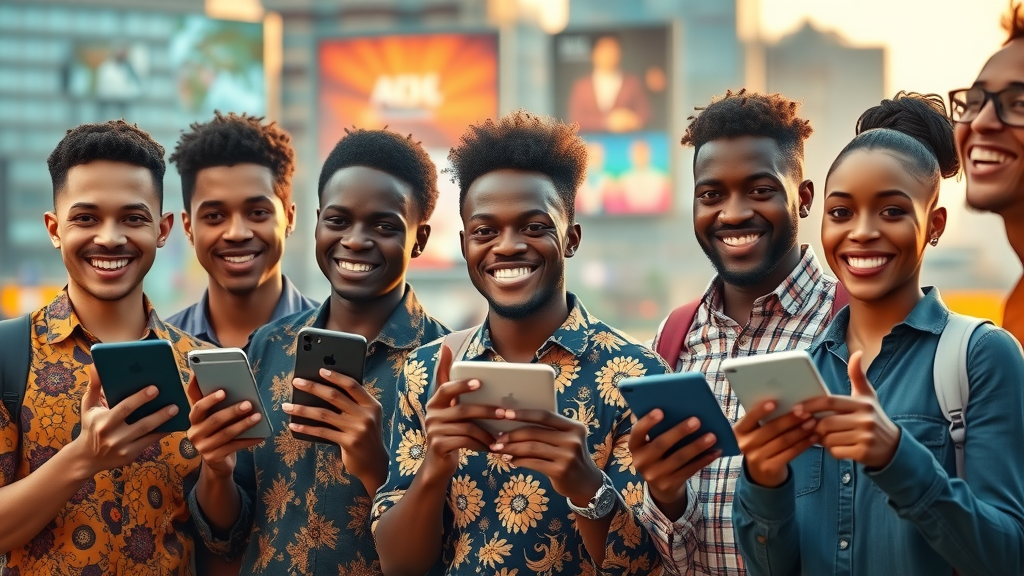 Youth innovation Africa AI - young African entrepreneurs showcasing AI-powered devices in a modern cityscape