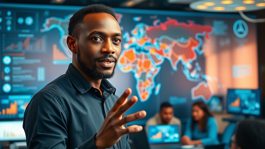 Inspirational African entrepreneur presenting AI vision in front of a digital map of Africa, symbolizing leadership and readiness for the AI revolution