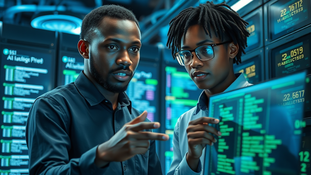 Cutting-edge laboratory, African data scientists, AI startups Africa analyzing AI algorithms and data flows, servers and high-tech equipment backdrop