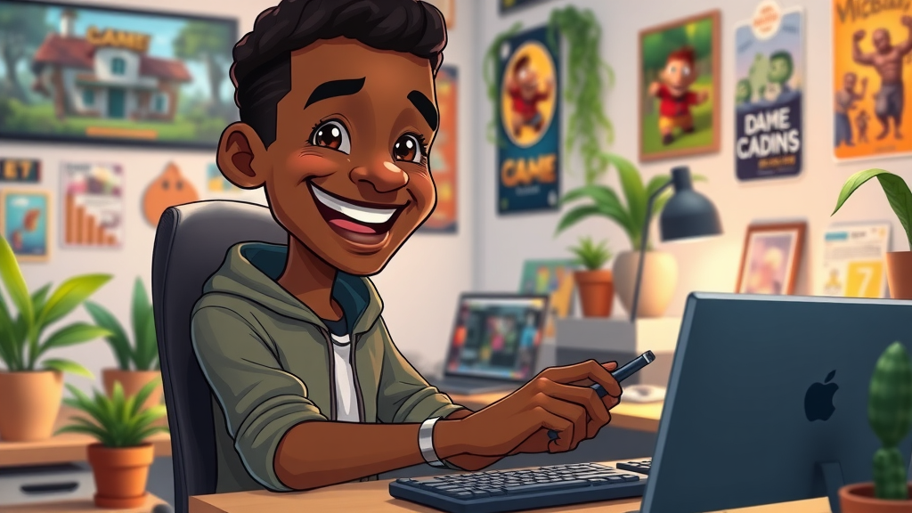 Joyful young African game developer coding in creative workspace