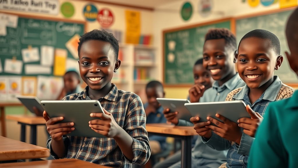African students using AI-powered learning tablets, closing education gaps in classroom