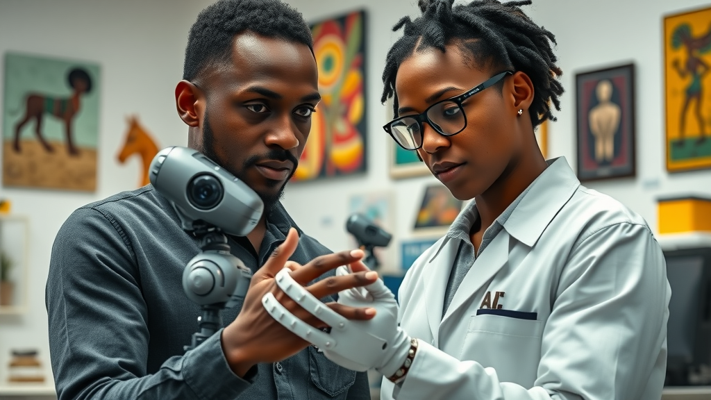 inspiring African AI researchers reviewing robotics prototype in artificial intelligence Africa research laboratory