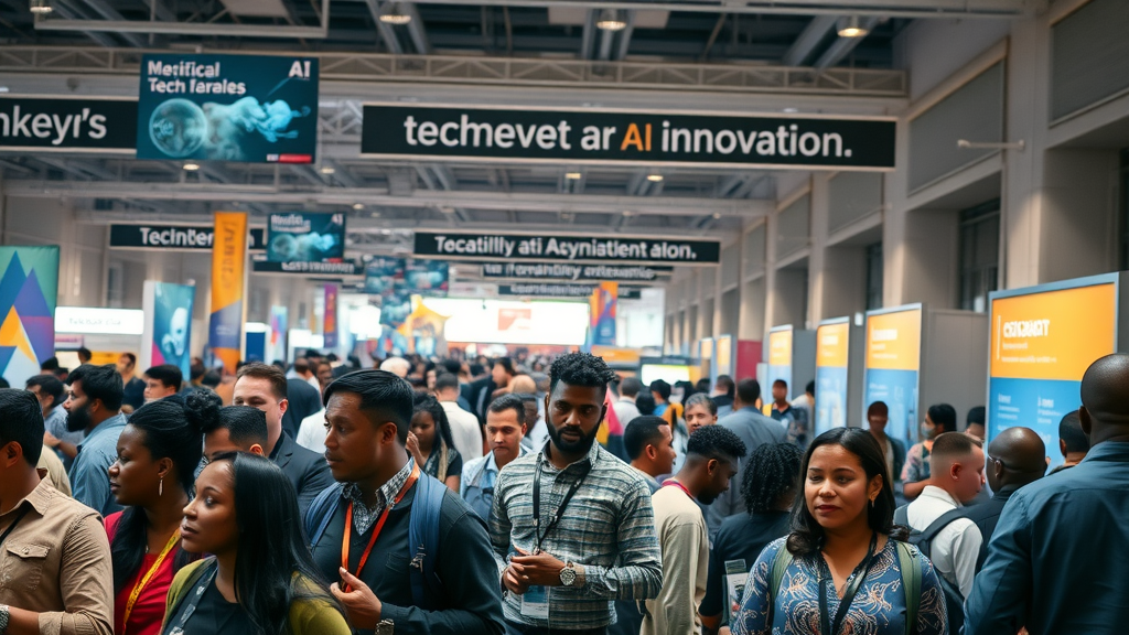 Bustling African tech conference showing AI app development africa innovation