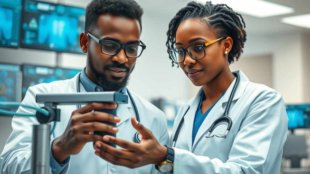 African healthcare professionals using AI-powered diagnostic devices in a clinical setting