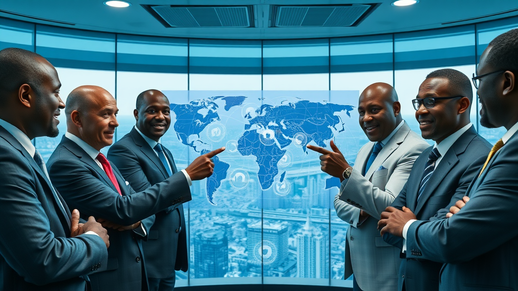 Visionary African leaders highlighting AI hubs on a digital map
