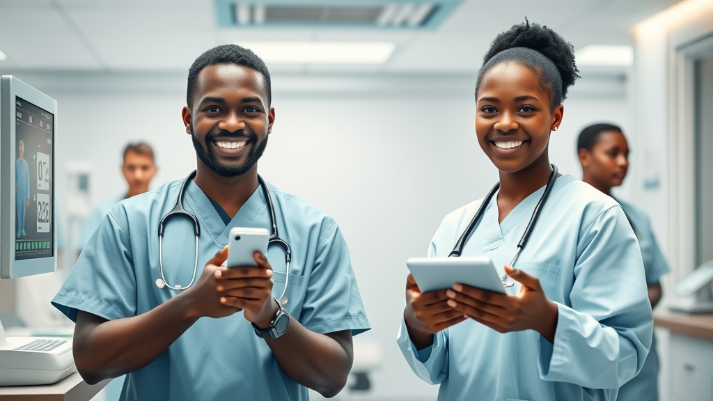 African healthcare workers using AI-powered diagnostic tools