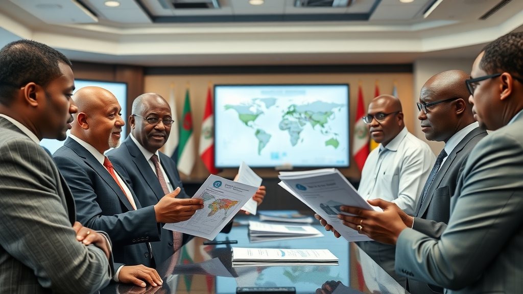 African government officials review AI policy and infrastructure plans, conference setting, digital maps, engaged discussion, AI development in African countries, formal color palette.