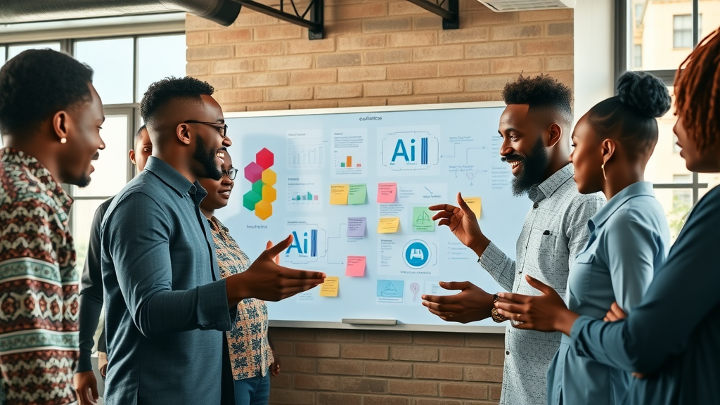 AI startups in Africa: diverse team brainstorming digital solutions and collaborating on innovative AI models