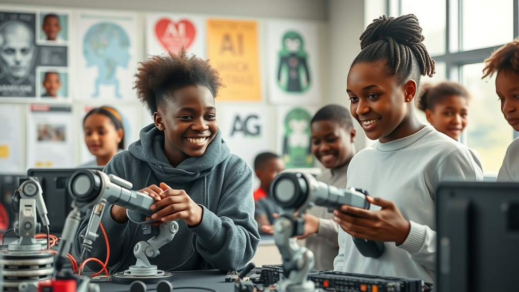 Hopeful young African students programming robotics in a STEM lab, symbolizing the immense potential of AI talent in Africa