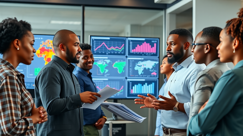 Artificial intelligence professionals in Africa analyzing digital maps and AI statistics, growth of AI adoption in Africa