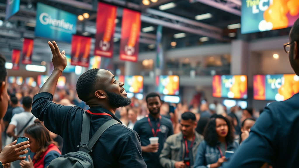 Dynamic African tech conference Machine learning Africa, enthusiastic speakers, young professionals networking in a modern cityscape with digital screens