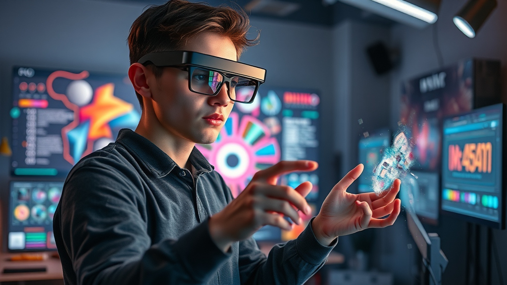 dynamic digital artist studio using generative AI tools and holographic displays for creative work in 2025