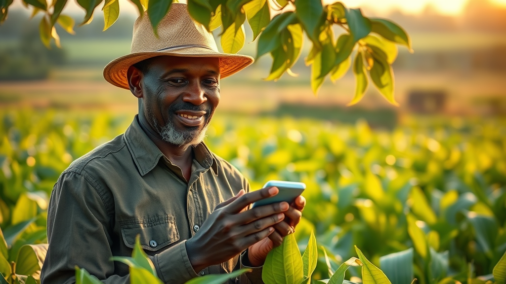 AI solutions in African agriculture: Farmer with digital sensors monitoring lush crops, healthy fields with AI-enabled devices