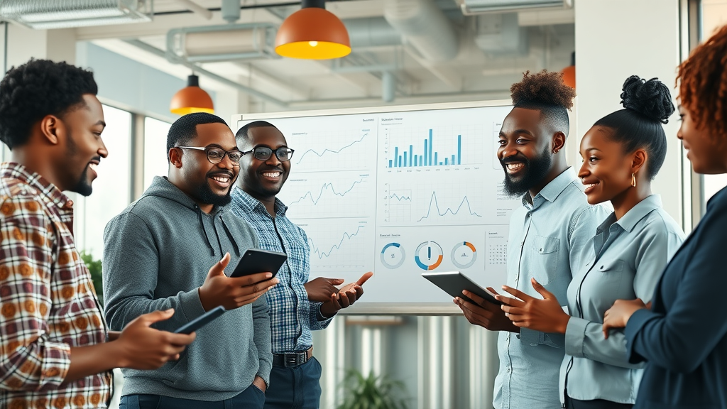 African AI companies, data scientists brainstorming, digital whiteboard, modern African tech startup office