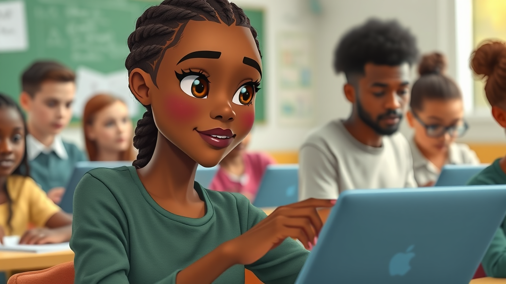 Youth innovation Africa AI - young African woman thoughtfully engaging with AI-enabled device in an educational setting
