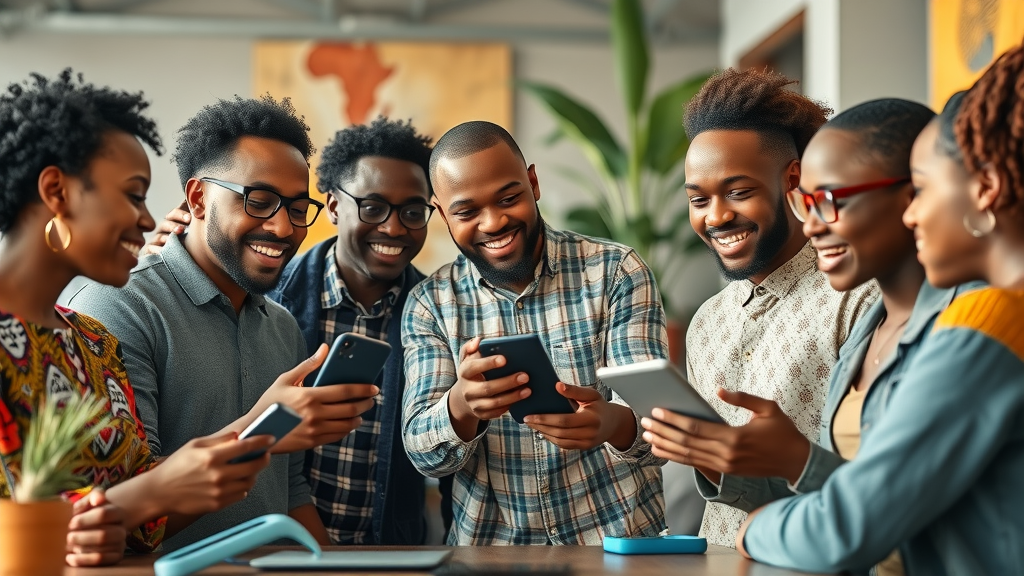 AI changemakers Africa collaborating in a modern co-working space with tech gadgets and African art