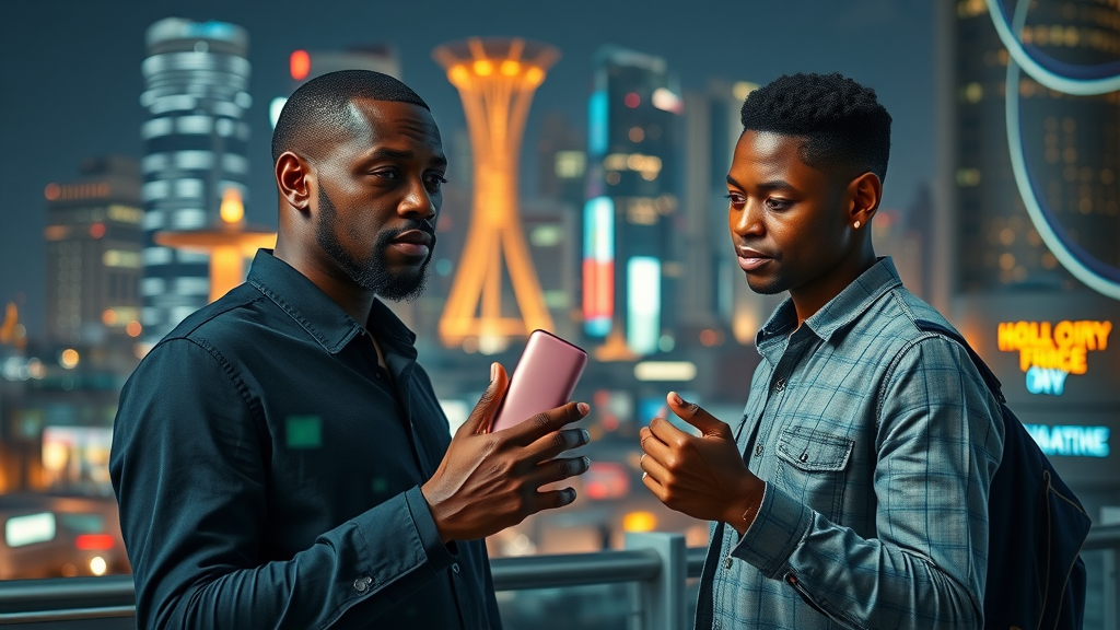 Nighttime African urban tech hub with digital AI data overlays and entrepreneurs collaborating