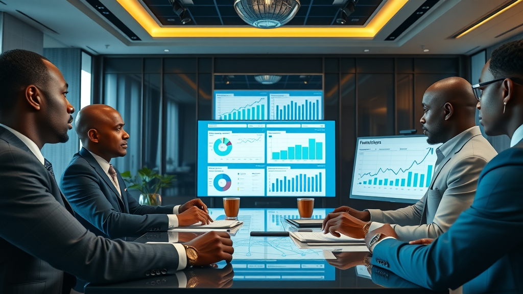 Professional boardroom, African AI startup founders and investors reviewing strategies, funding charts, and digital smart displays