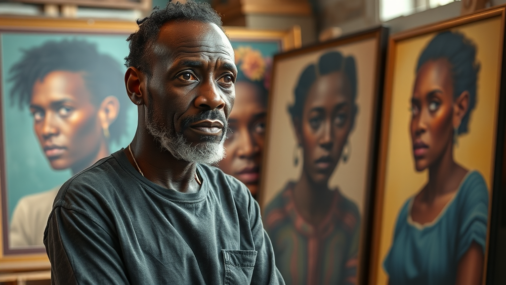 Concerned African artist observes their original artwork beside AI-generated copies—highlighting issues of copyright and ownership