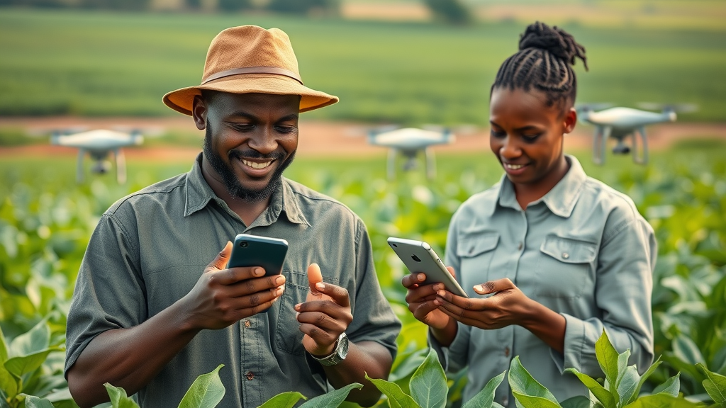 Innovative African farmers using AI-powered devices and smart sensors in green fields, which shows responsible AI solutions leveraging local data