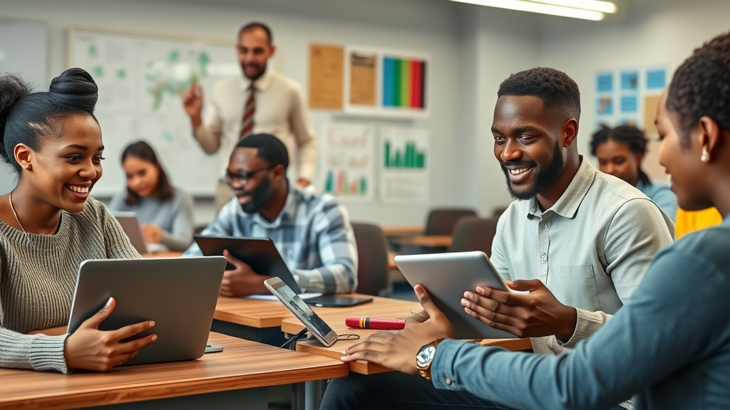 Digital economy and digital skills Africa: Modern classroom with young adults using laptops and e-learning platforms re Technology trends Africa