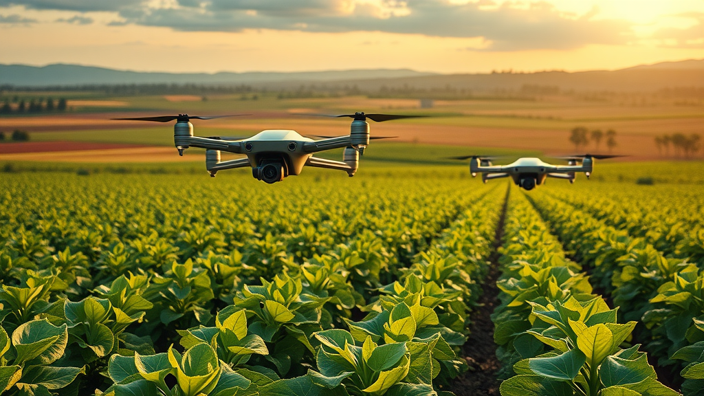 Futuristic African agricultural field with AI-powered drones and robots transforming farming