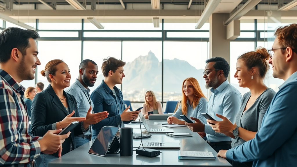 Tech accelerator in Cape Town with entrepreneurs networking and Table Mountain view, South Africa tech scene