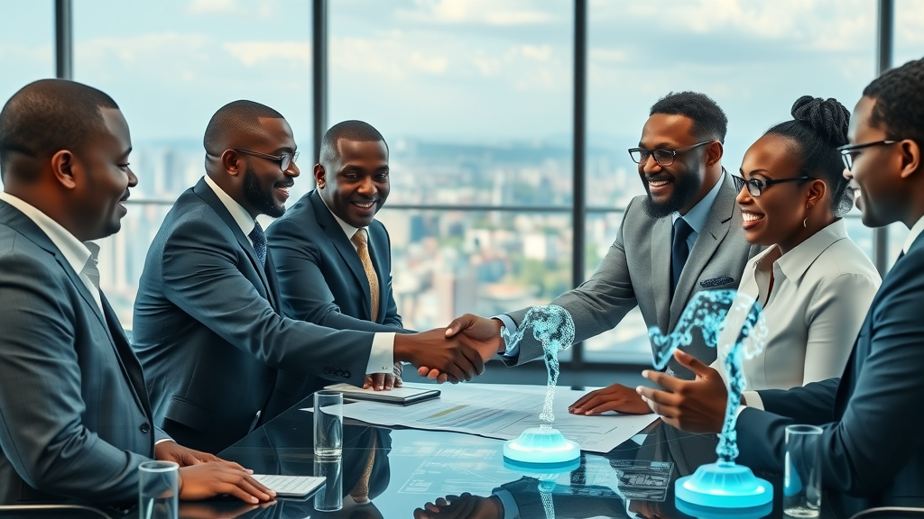 collaborative group of African public officials and tech executives shaking hands over digital AI project plans, holographic AI prototypes on table.