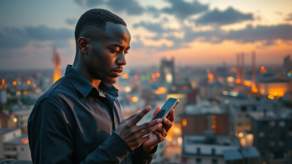 thoughtful African entrepreneur, navigating digital infrastructure challenges, rooftop vista over a bustling African city, visible cell towers, solar panels, citylights reflecting on device screen, AI innovation in Africa, dusk purples and golds, 70mm lens
