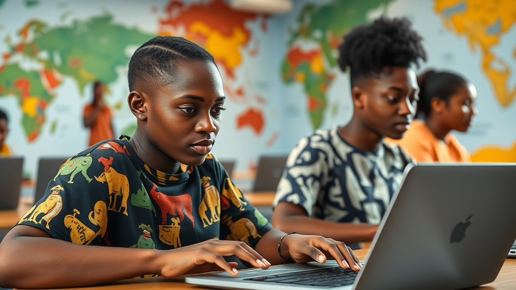 motivated young Africans attending AI coding bootcamp in a contemporary African training center