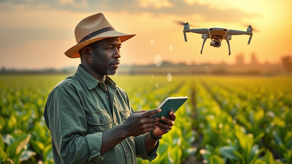 Innovative African AI Startup Farmer Using Drones and Tablets for Real-Time Crop Monitoring