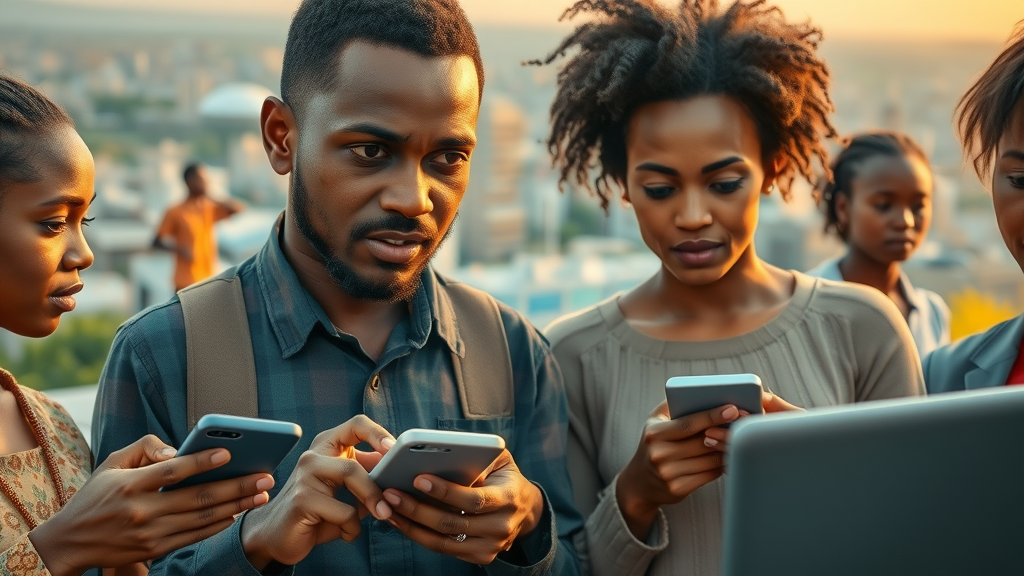 Emerging AI solutions Africa: vibrant African cityscape, people engaging with digital technology, urban skyline, high-tech hubs