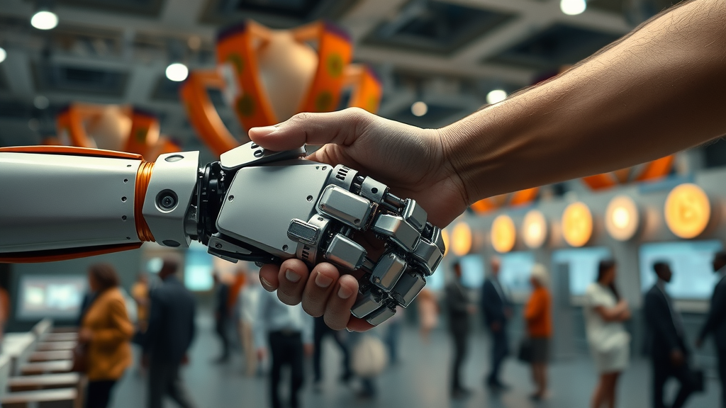 AI-powered robotic hand shakes hands with a human at an African technology expo, embodying the synergy between machine learning Africa and artificial intelligence