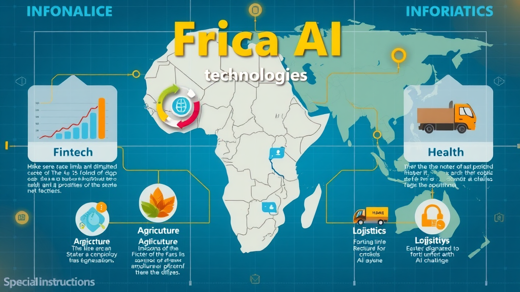 infographic, comparison of African AI technologies, top AI technologies Africa, fintech, agriculture, health, logistics, African map
